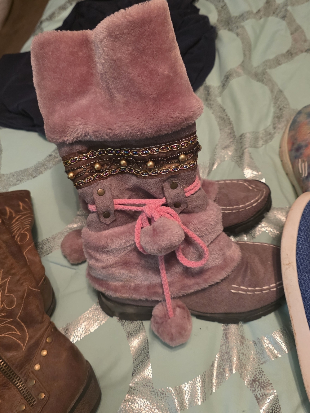 Plush Pink Pom-Pom Winter Boots with Beaded Trim